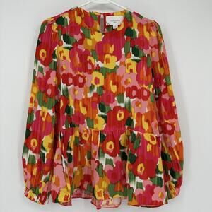 Pomander Place Blouse Womens XS Multicolor Floral Peplum Long Balloon Sleeve Top